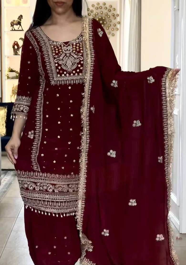 Maroon Embroidered Silk Pakistani Suit Set - Indya