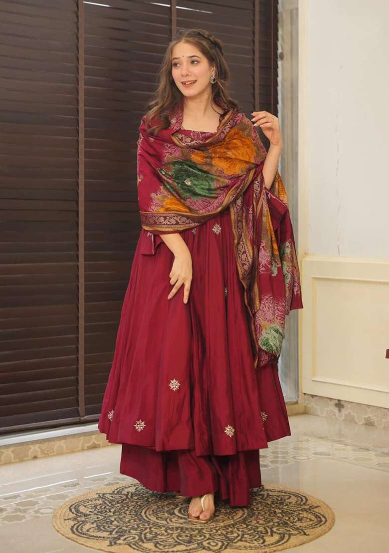 Maroon Embroidered Cotton Anarkali Set - Indya