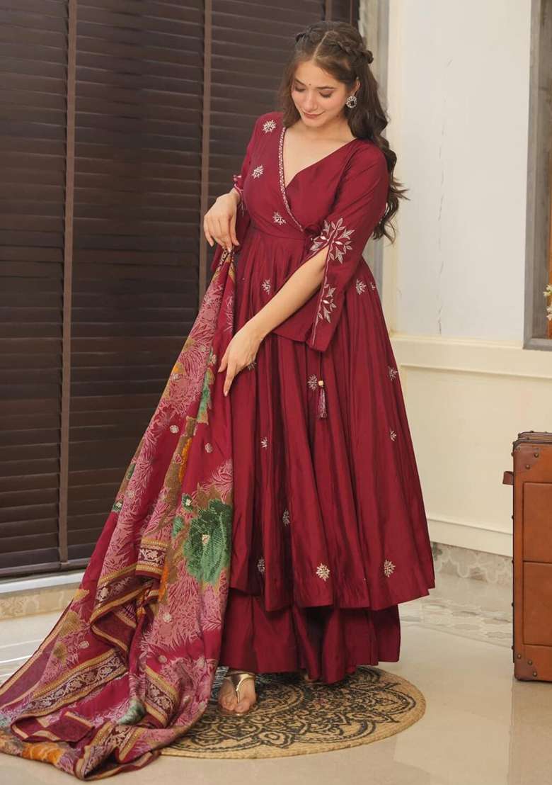 Maroon Embroidered Cotton Anarkali Set - Indya