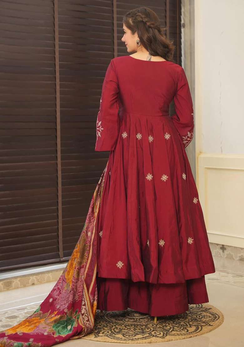Maroon Embroidered Cotton Anarkali Set - Indya