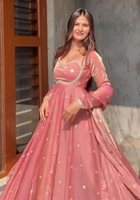 Peach Mirror Work Silk Blend Anarkali Set