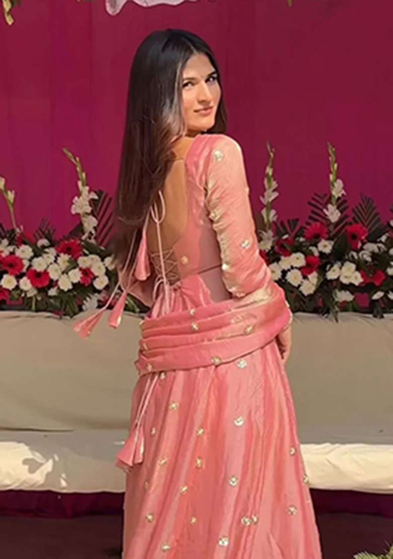 Peach Mirror Work Silk Blend Anarkali Set - Indya