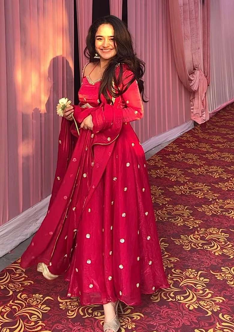 Red Embroidered Silk Blend Anarkali Set - Indya