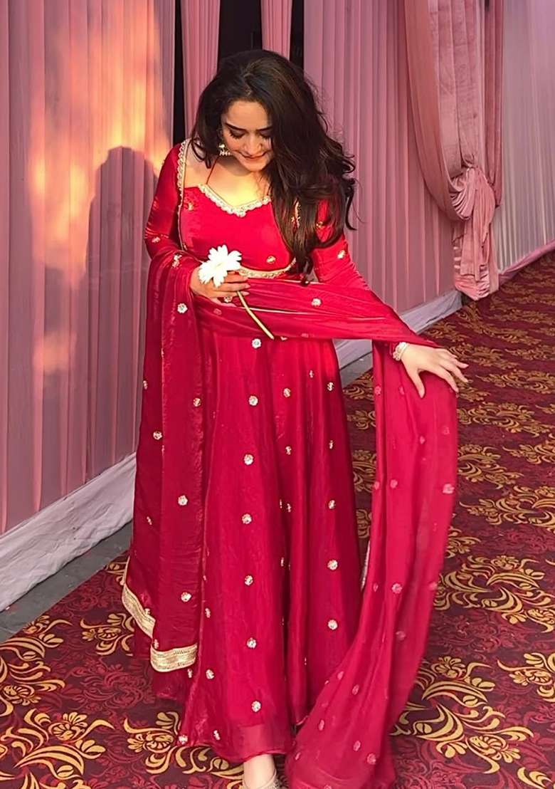 Red Embroidered Silk Blend Anarkali Set - Indya
