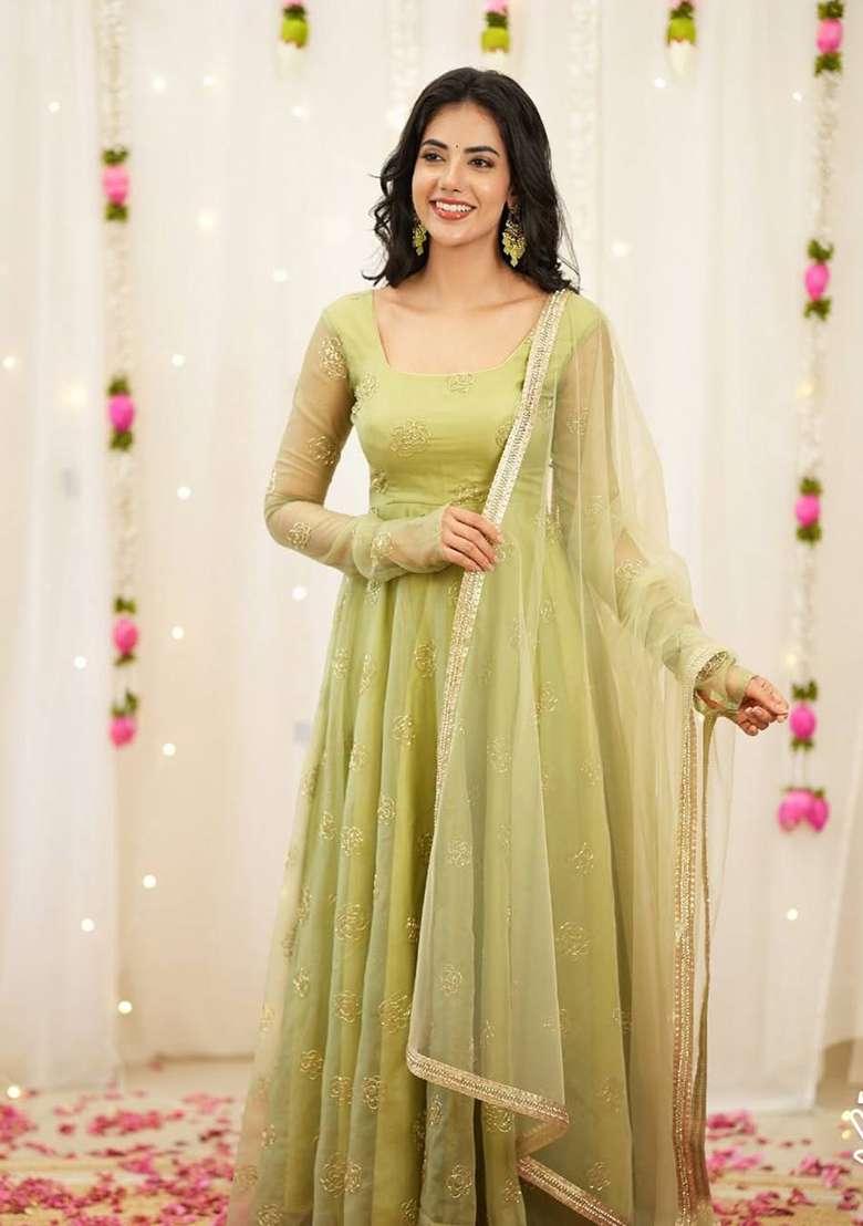 Green Embroidered Organza Anarkali Set - Indya