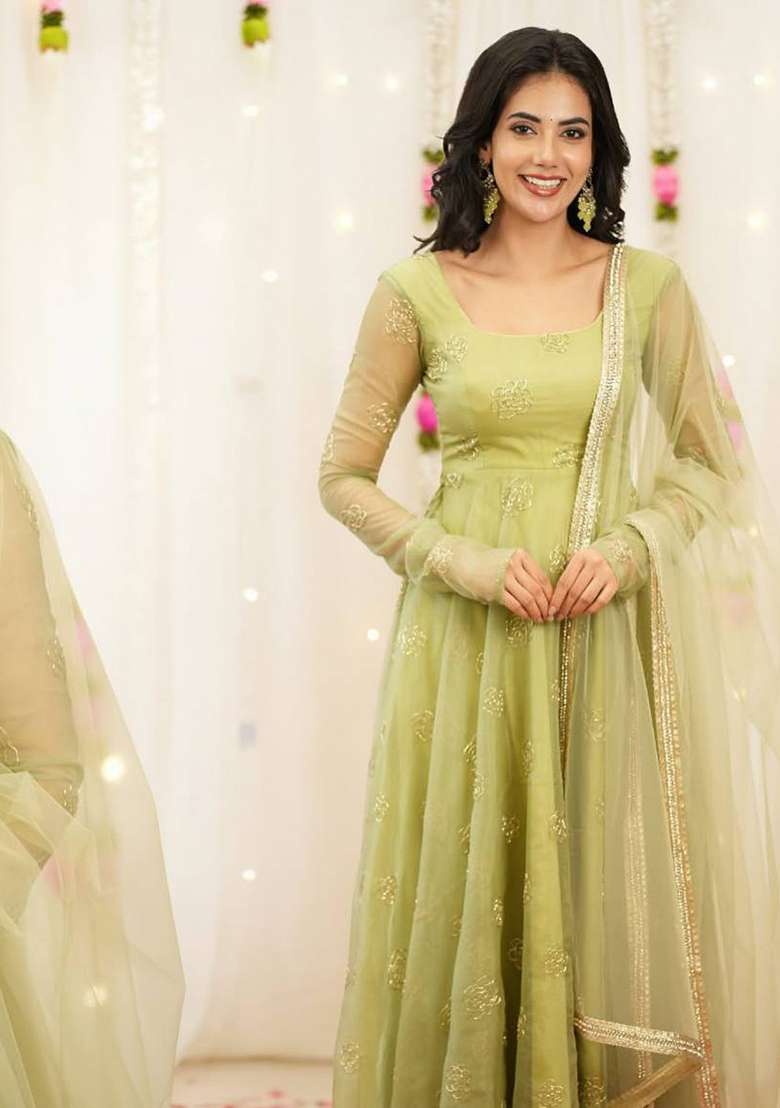 Green Embroidered Organza Anarkali Set - Indya