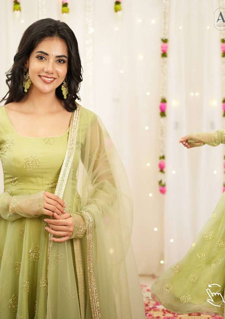 Green Embroidered Organza Anarkali Set - Indya