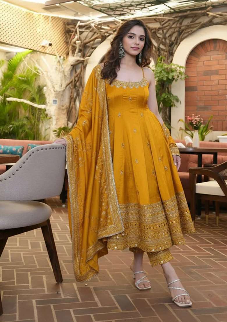 Yellow Embroidered Silk Blend Anarkali Set - Indya
