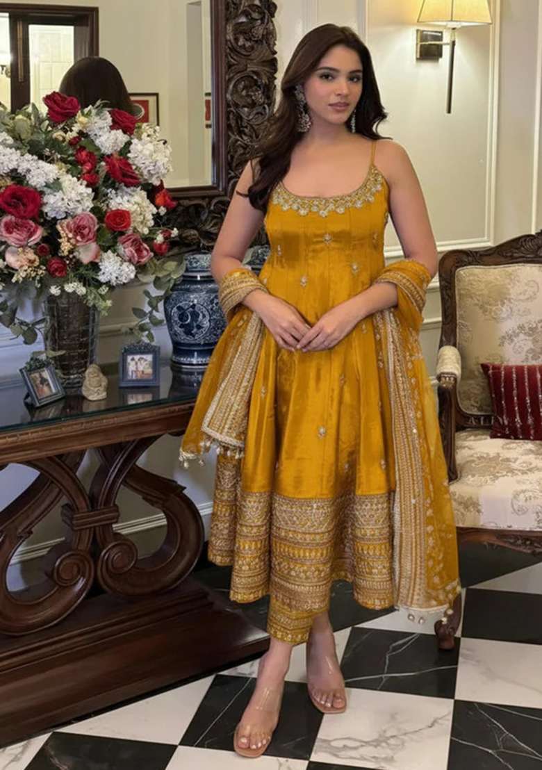 Yellow Embroidered Silk Blend Anarkali Set - Indya