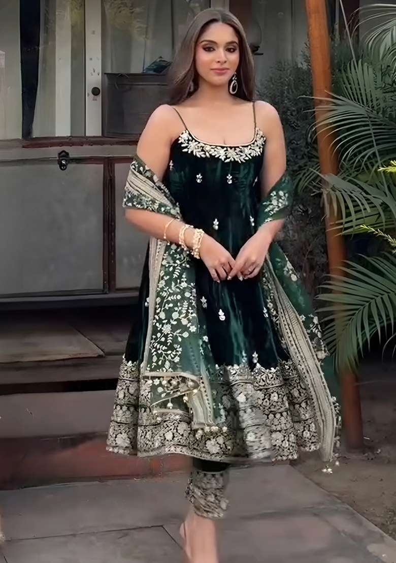 Green Embroidery Silk Salwar Kameez - Indya