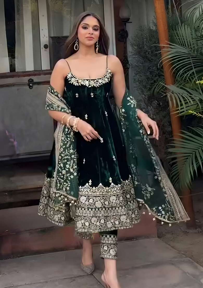Green Embroidery Silk Salwar Kameez - Indya