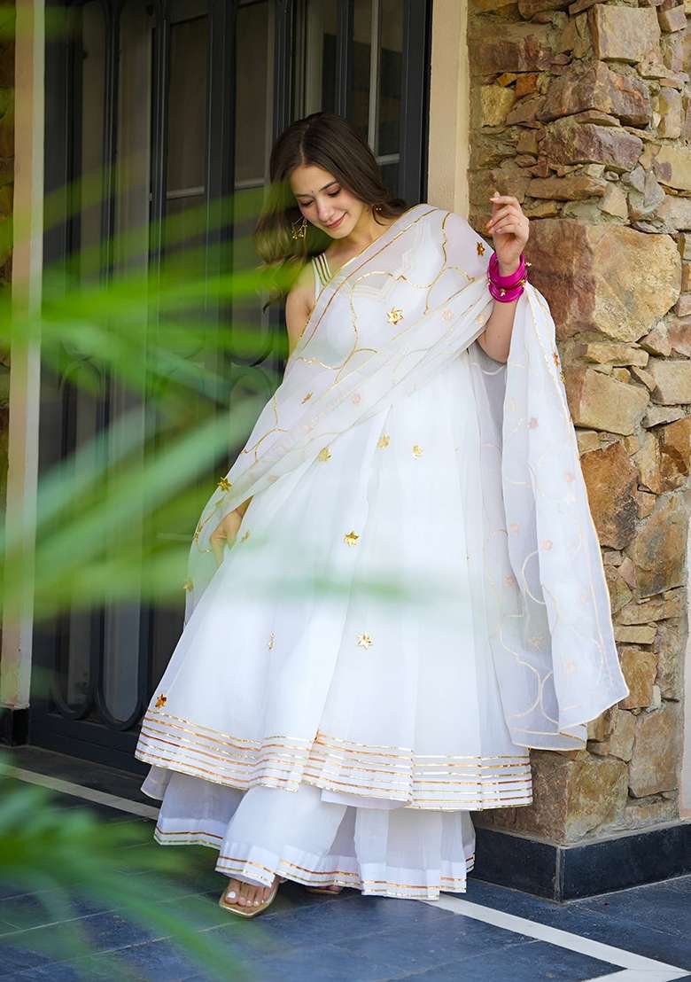 White Embroidered Georgette Anarkali Set - Indya