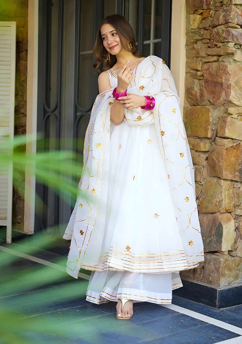 White Embroidered Georgette Anarkali Set - Indya
