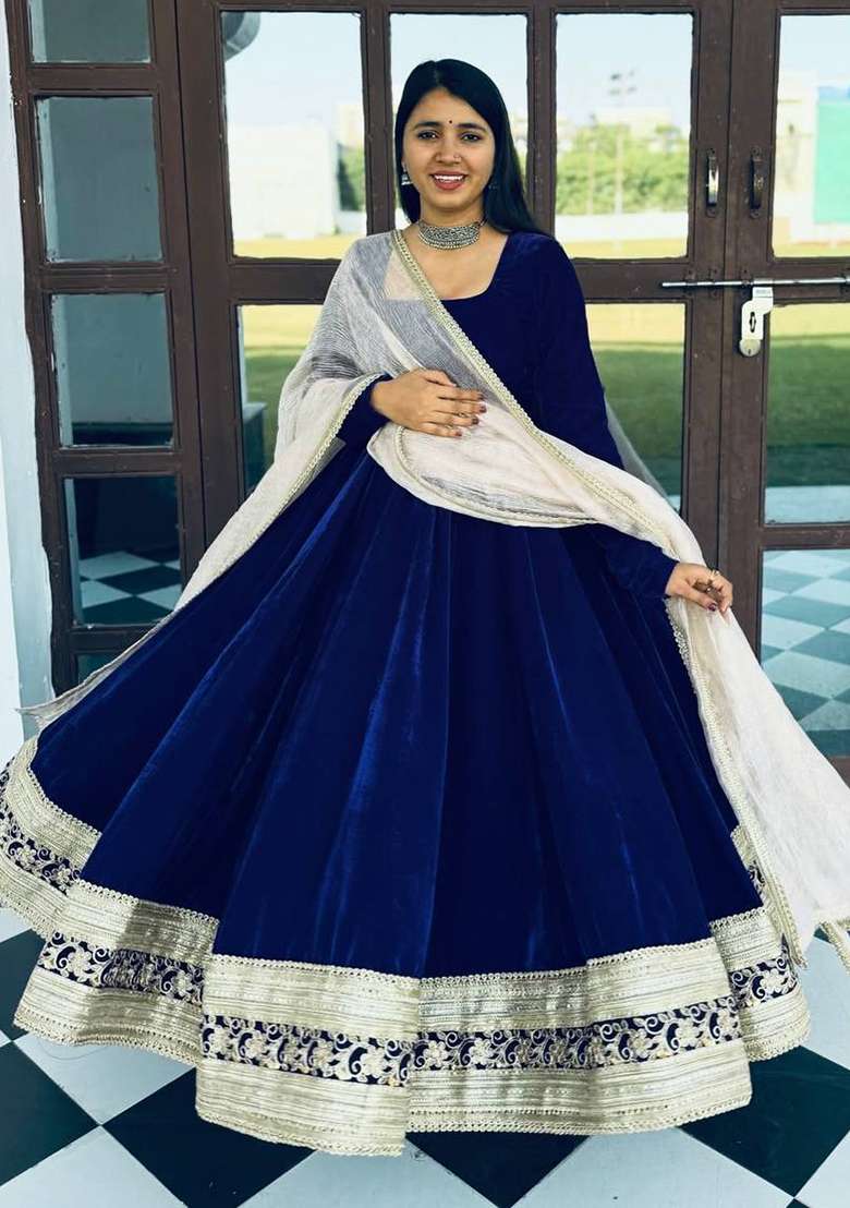 Blue Embroidered Silk Blend Anarkali Set - Indya