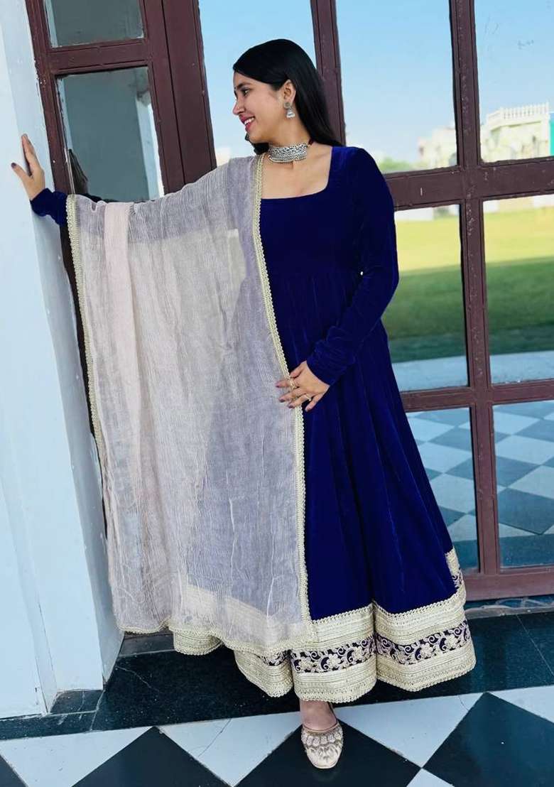 Blue Embroidered Silk Blend Anarkali Set - Indya