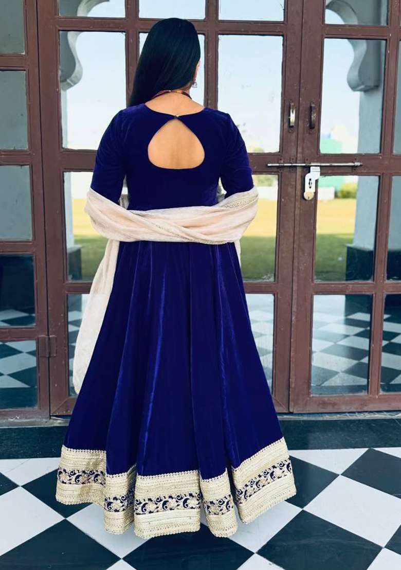 Blue Embroidered Silk Blend Anarkali Set - Indya