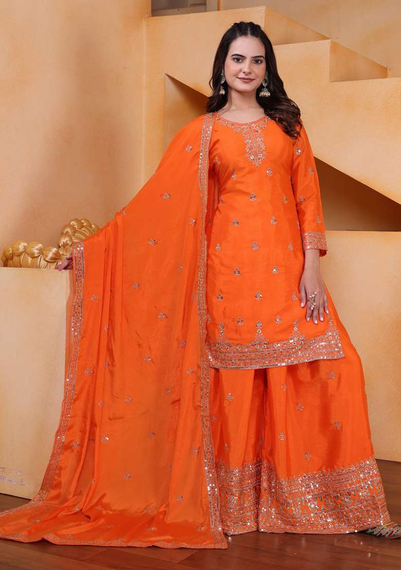 Orange Embroidered Silk Blend Sharara Set - Indya