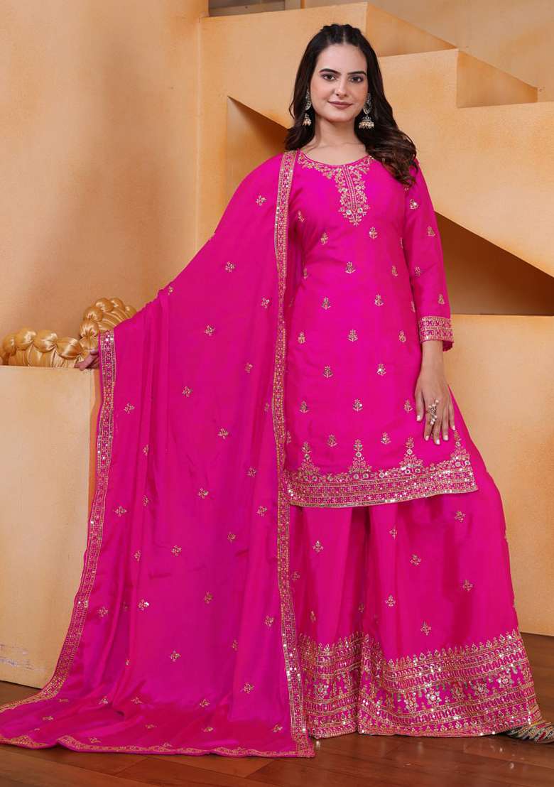 Pink Embroidered Silk Blend Sharara Set - Indya