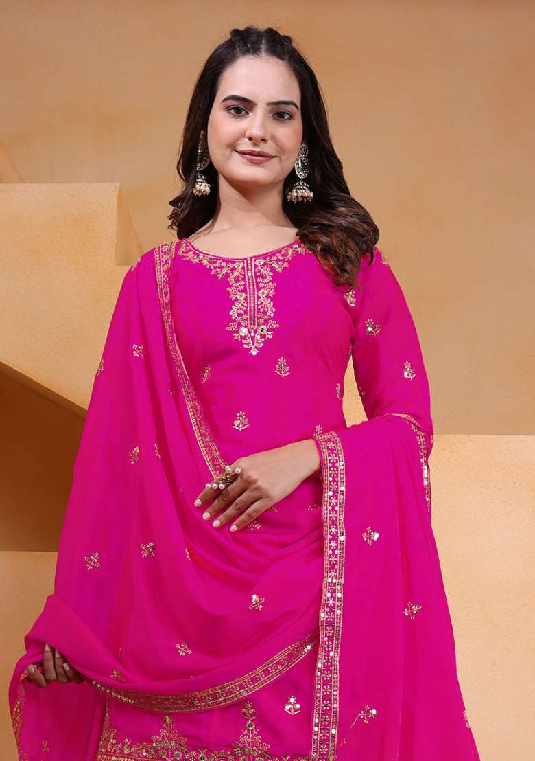 Pink Embroidered Silk Blend Sharara Set - Indya