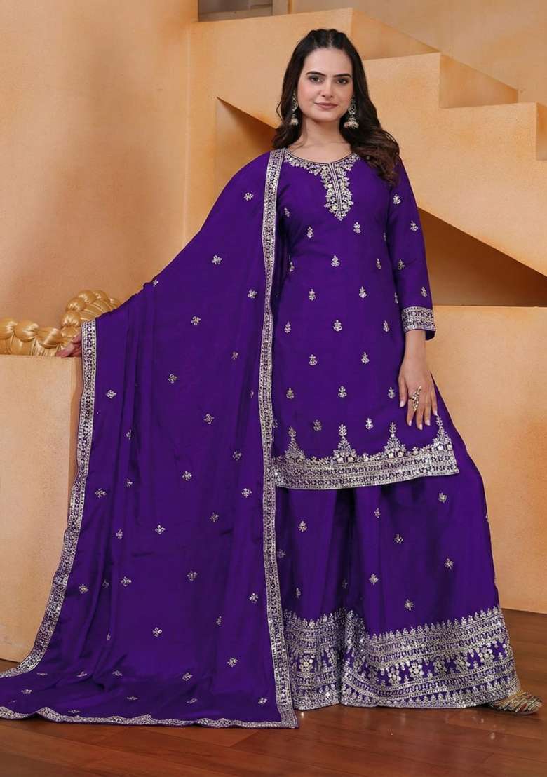 Purple Embroidered Silk Blend Sharara Set - Indya