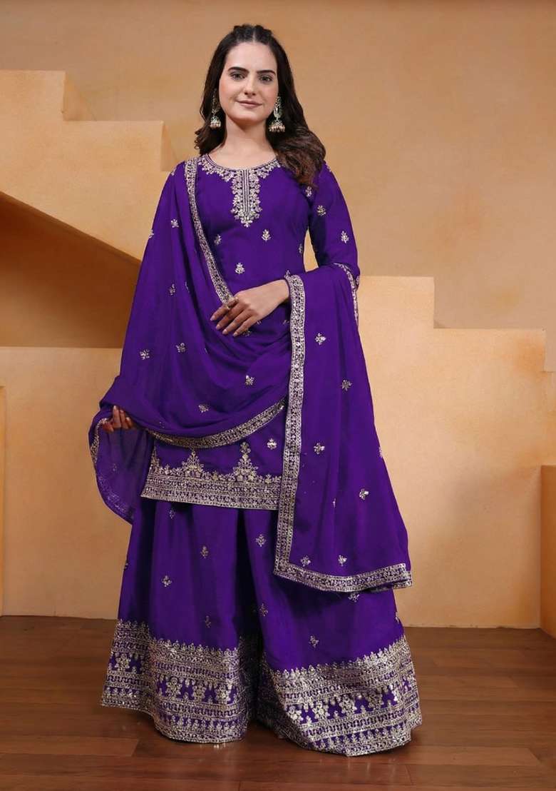 Purple Embroidered Silk Blend Sharara Set - Indya
