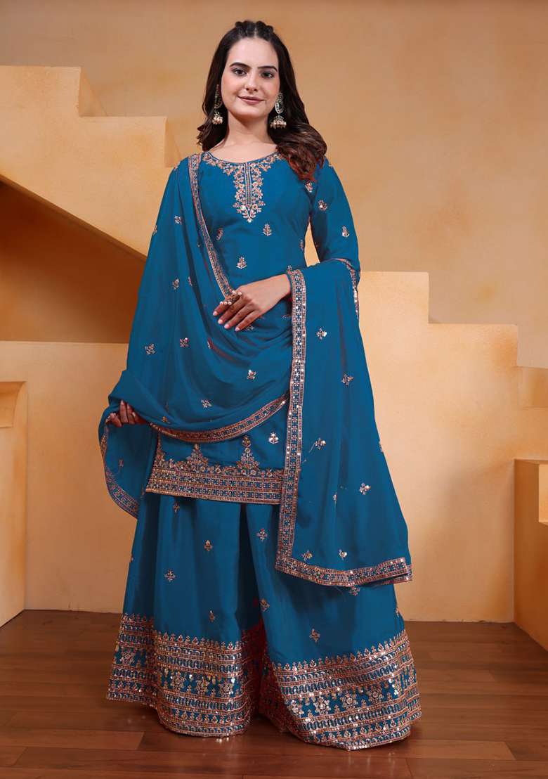 Rama Green Embroidered Silk Blend Sharara Set - Indya
