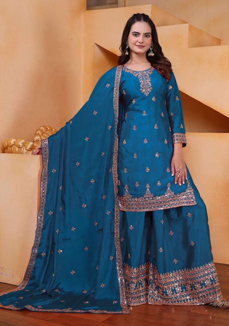 Rama Green Embroidered Silk Blend Sharara Set - Indya