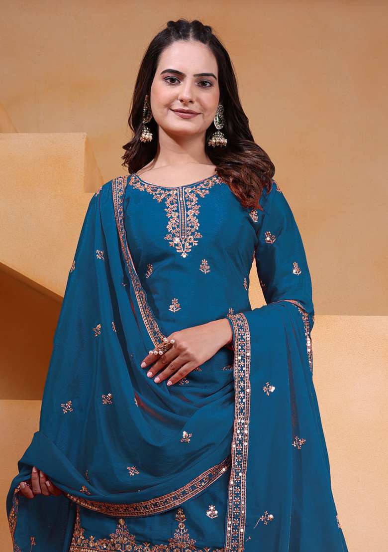 Rama Green Embroidered Silk Blend Sharara Set - Indya