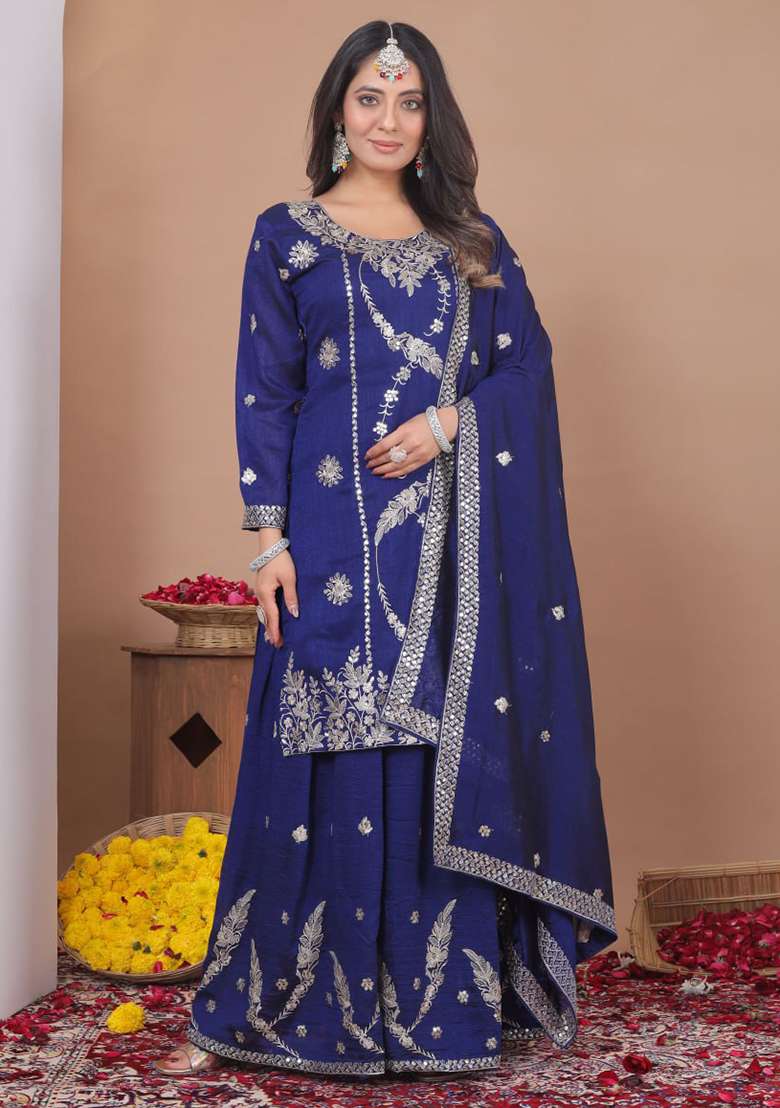 Navy Blue Embroidered Silk Blend Sharara Set - Indya