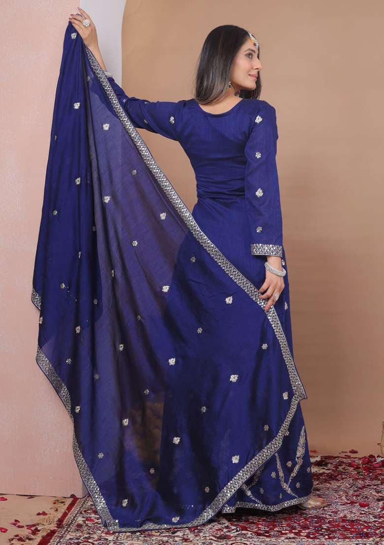 Navy Blue Embroidered Silk Blend Sharara Set - Indya