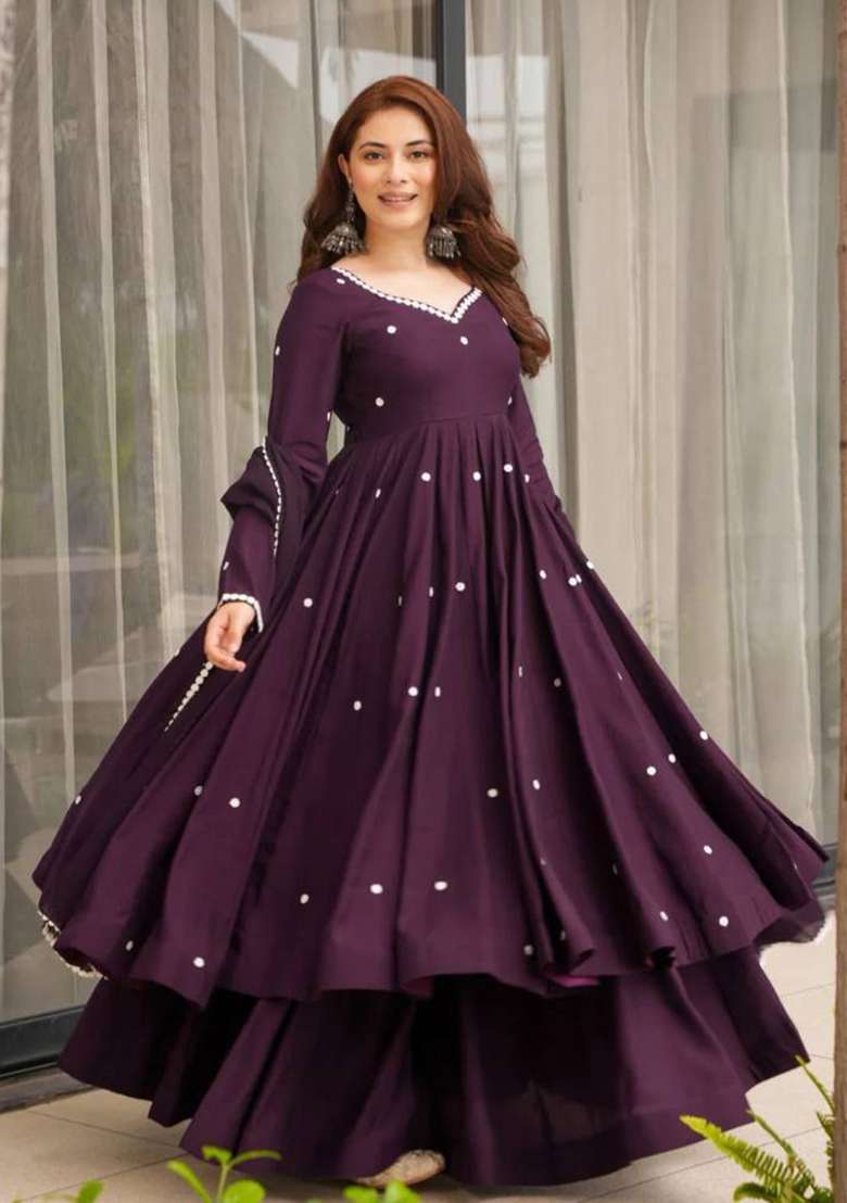 Wine Mirror Work Silk Blend Sharara Set - Indya