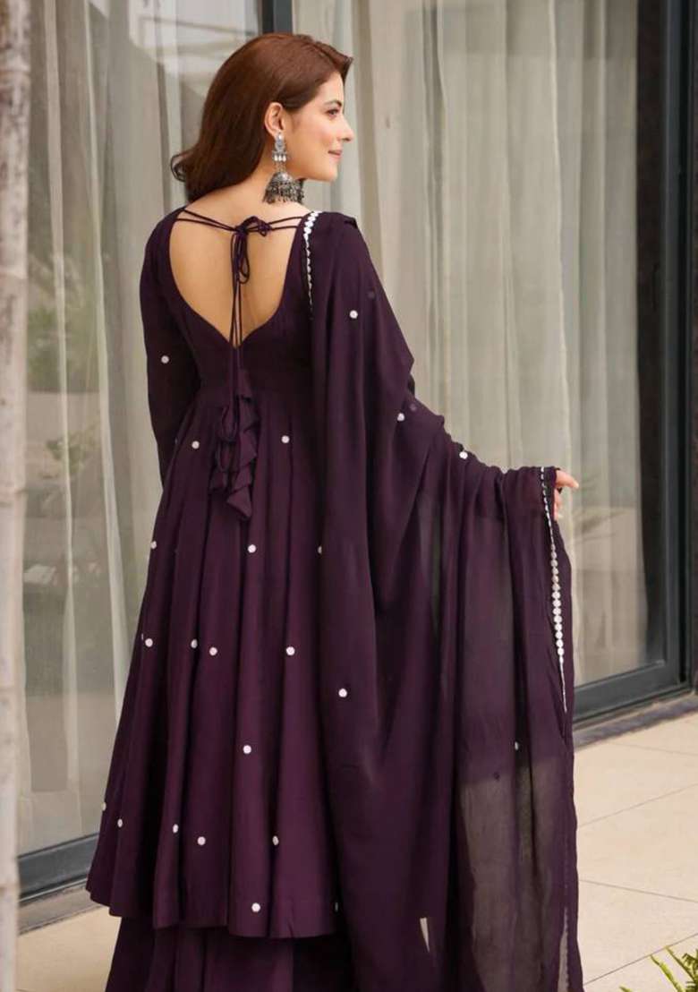 Wine Mirror Work Silk Blend Sharara Set - Indya