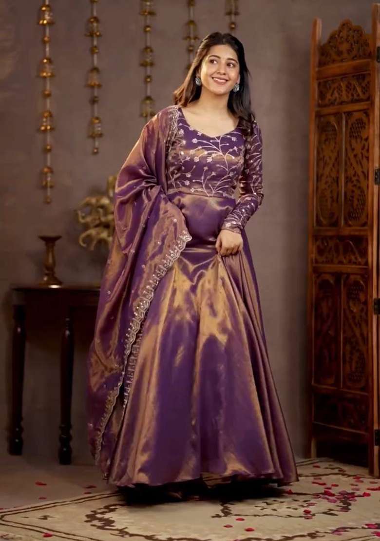 Light Purple Embroidered Silk Blend Anarkali Set - Indya