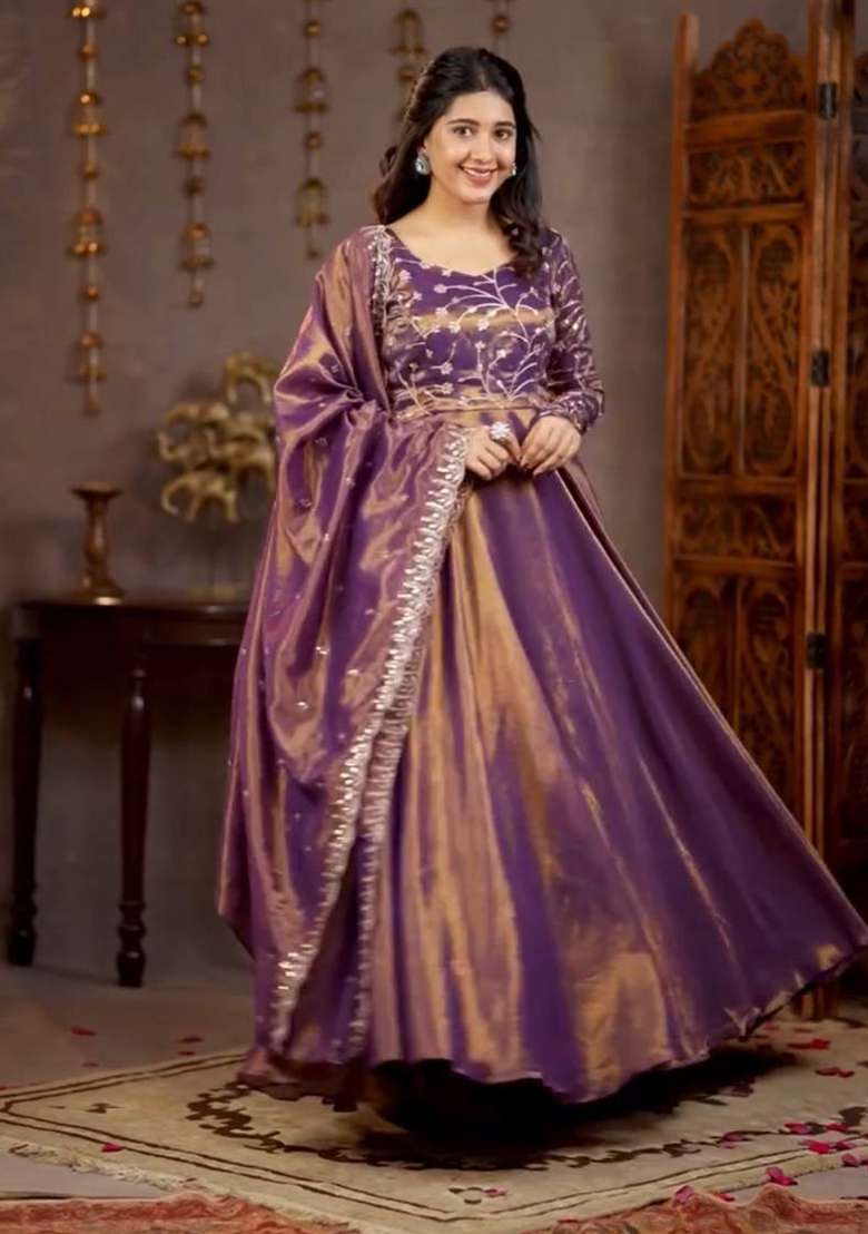 Light Purple Embroidered Silk Blend Anarkali Set - Indya