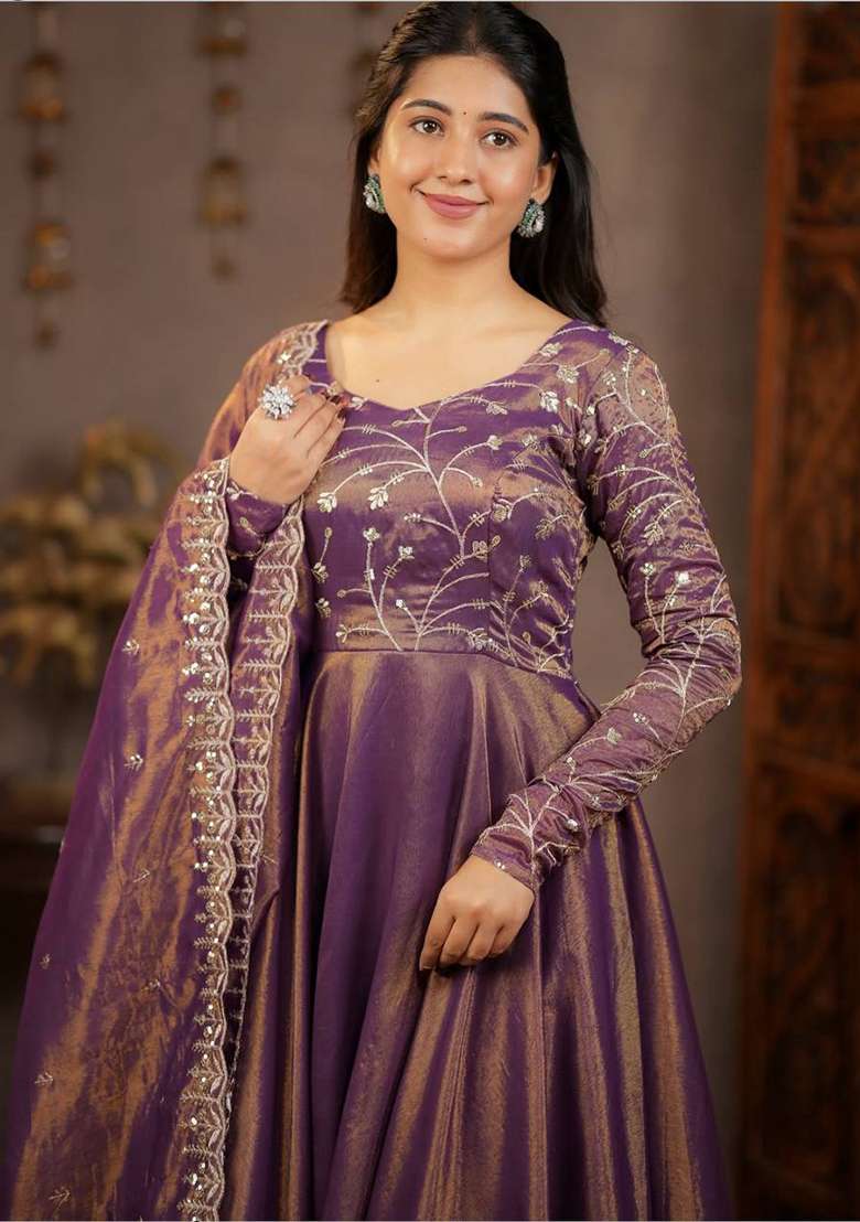 Light Purple Embroidered Silk Blend Anarkali Set - Indya