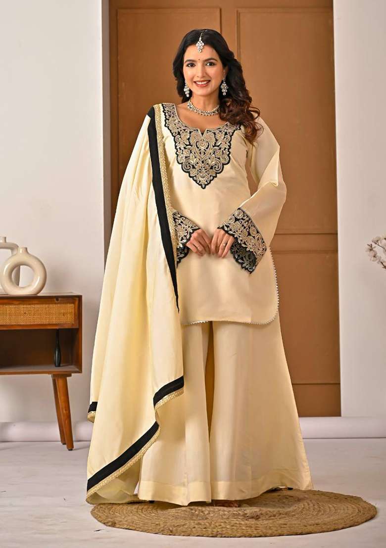 Off White Embroidered Silk Blend Sharara Set - Indya