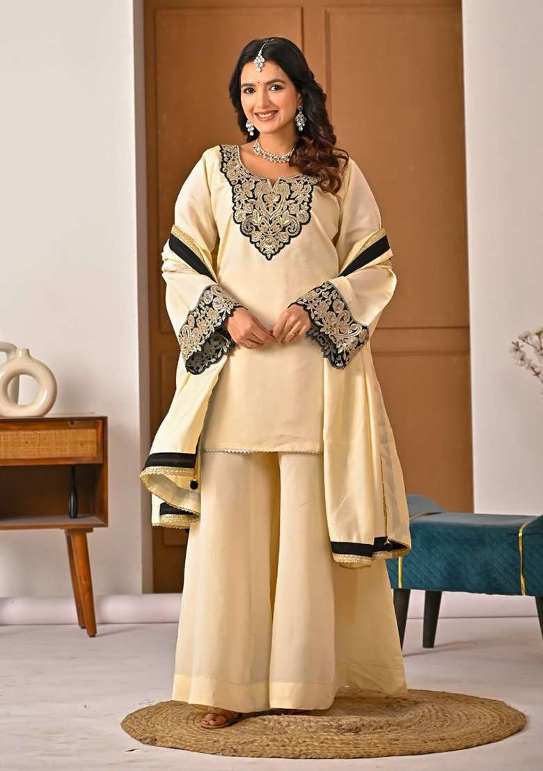 Off White Embroidered Silk Blend Sharara Set - Indya
