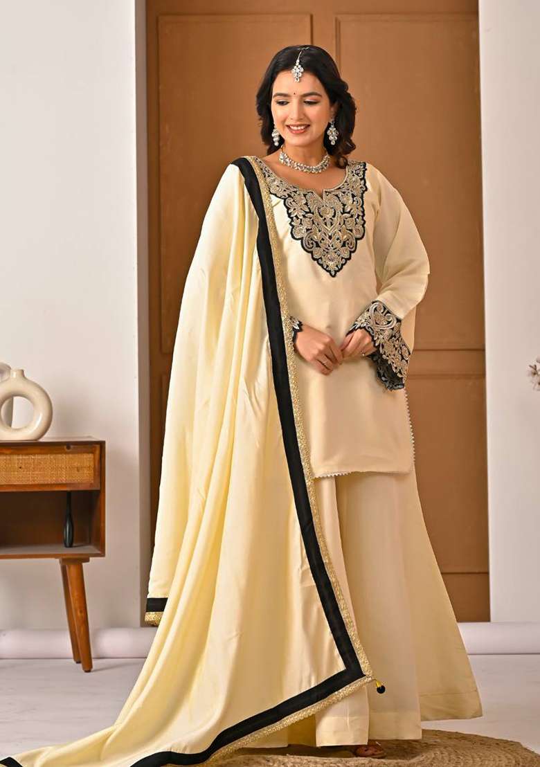 Off White Embroidered Silk Blend Sharara Set - Indya