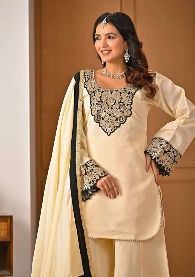 Off White Embroidered Silk Blend Sharara Set - Indya