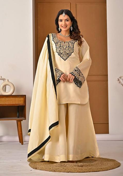 Off White Embroidery Silk Sharara Set