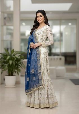 Off White Embroidery Georgette Sharara Set