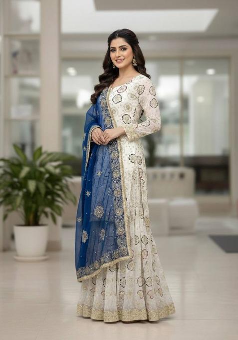 Off White Embroidery Georgette Sharara Set