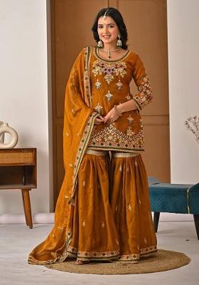 Orange Embroidered Silk Blend Sharara Set