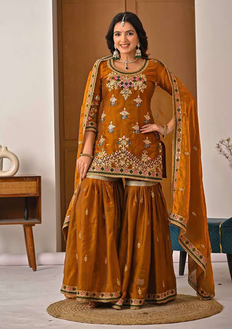 Orange Embroidered Silk Blend Sharara Set - Indya