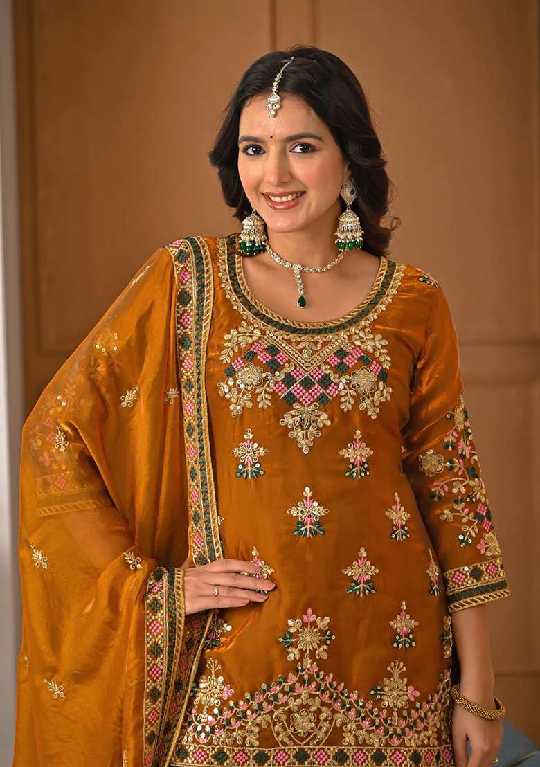 Orange Embroidered Silk Blend Sharara Set - Indya