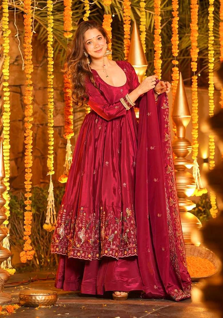Red Embroidered Silk Blend Anarkali Set - Indya