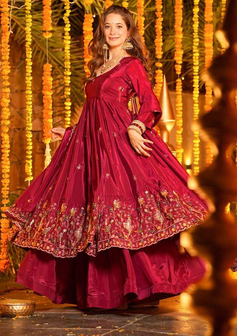 Red Embroidered Silk Blend Anarkali Set - Indya
