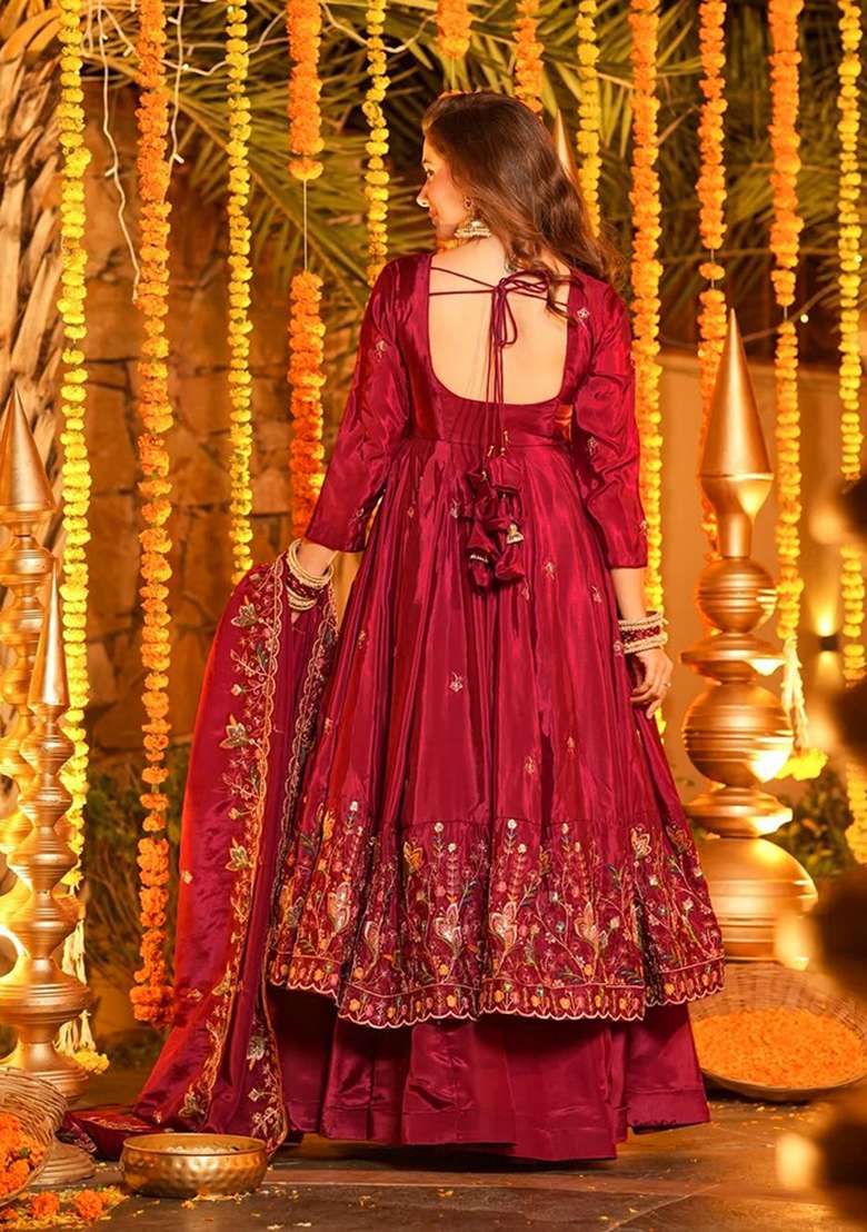 Red Embroidered Silk Blend Anarkali Set - Indya