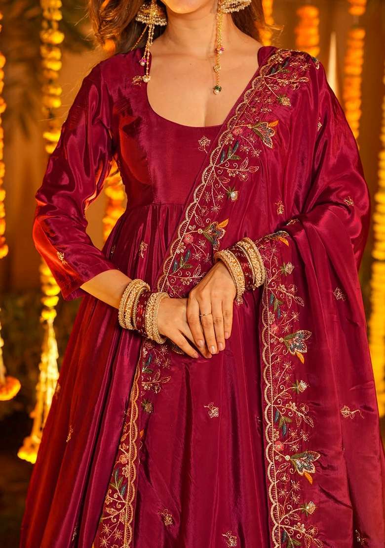 Red Embroidered Silk Blend Anarkali Set - Indya
