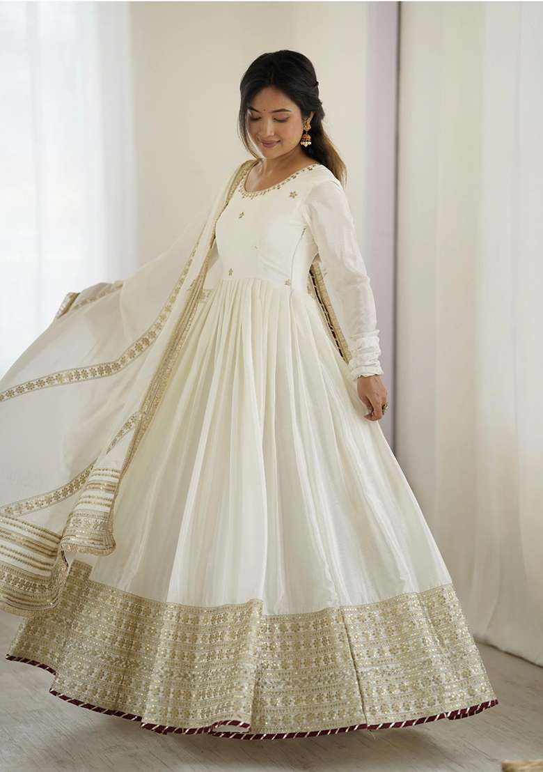 Off White Embroidered Silk Blend Anarkali Set - Indya